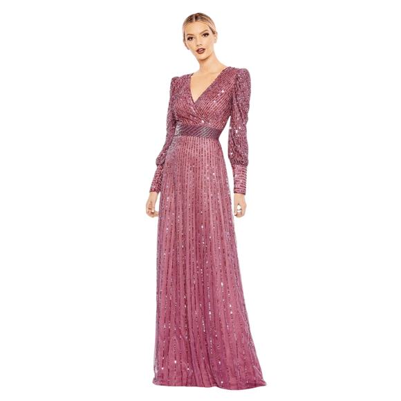 Mac Duggal NWT Sequined Wrap Over Bishop Sleeve Gown in Mauve Size 6
